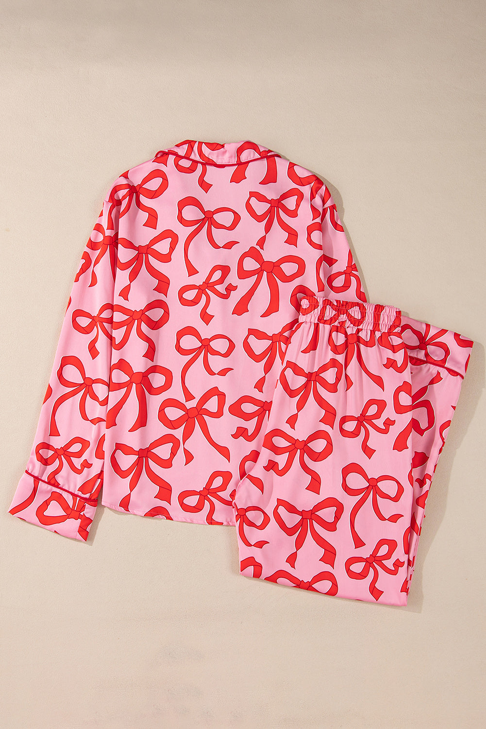 Pink 2pcs Bow Print Shirt Style Long Sleeve Pajama Set