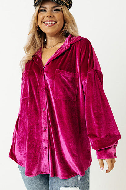 Bright Pink Plus Size Velvet Chest Pocket Drop Shoulder Shirt