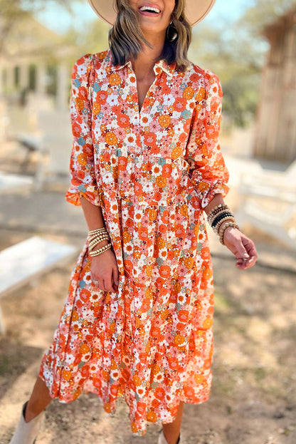 Multicolor Boho Floral Collared Long Sleeve Ruffled Midi Dress