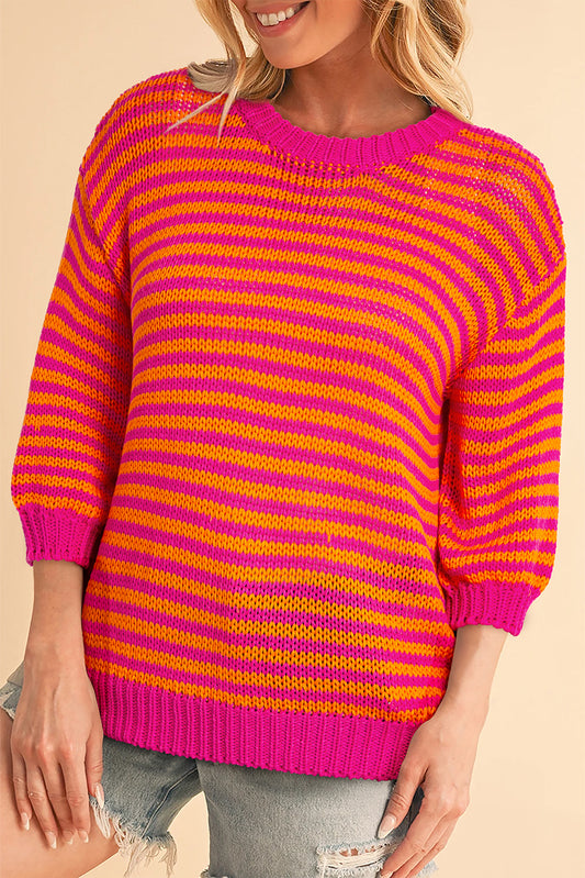 Rose Stripe 3/4 Puff Sleeve Drop Shoulder Sweater