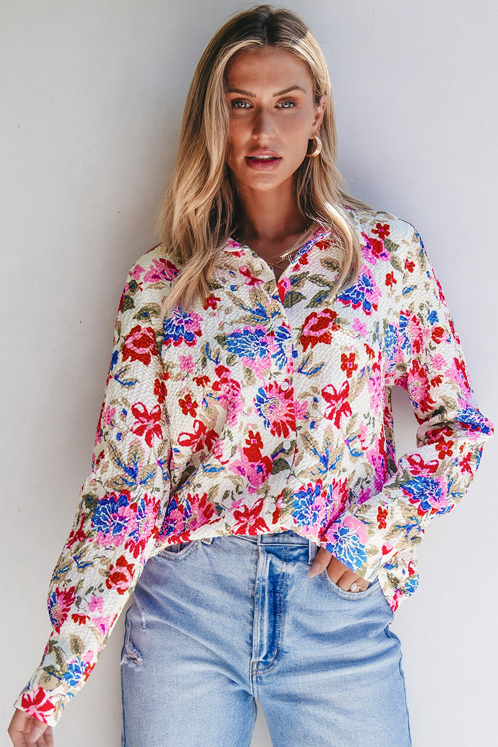 Red Floral Print Slim Fit Buttoned Turn Down Collar Shirt