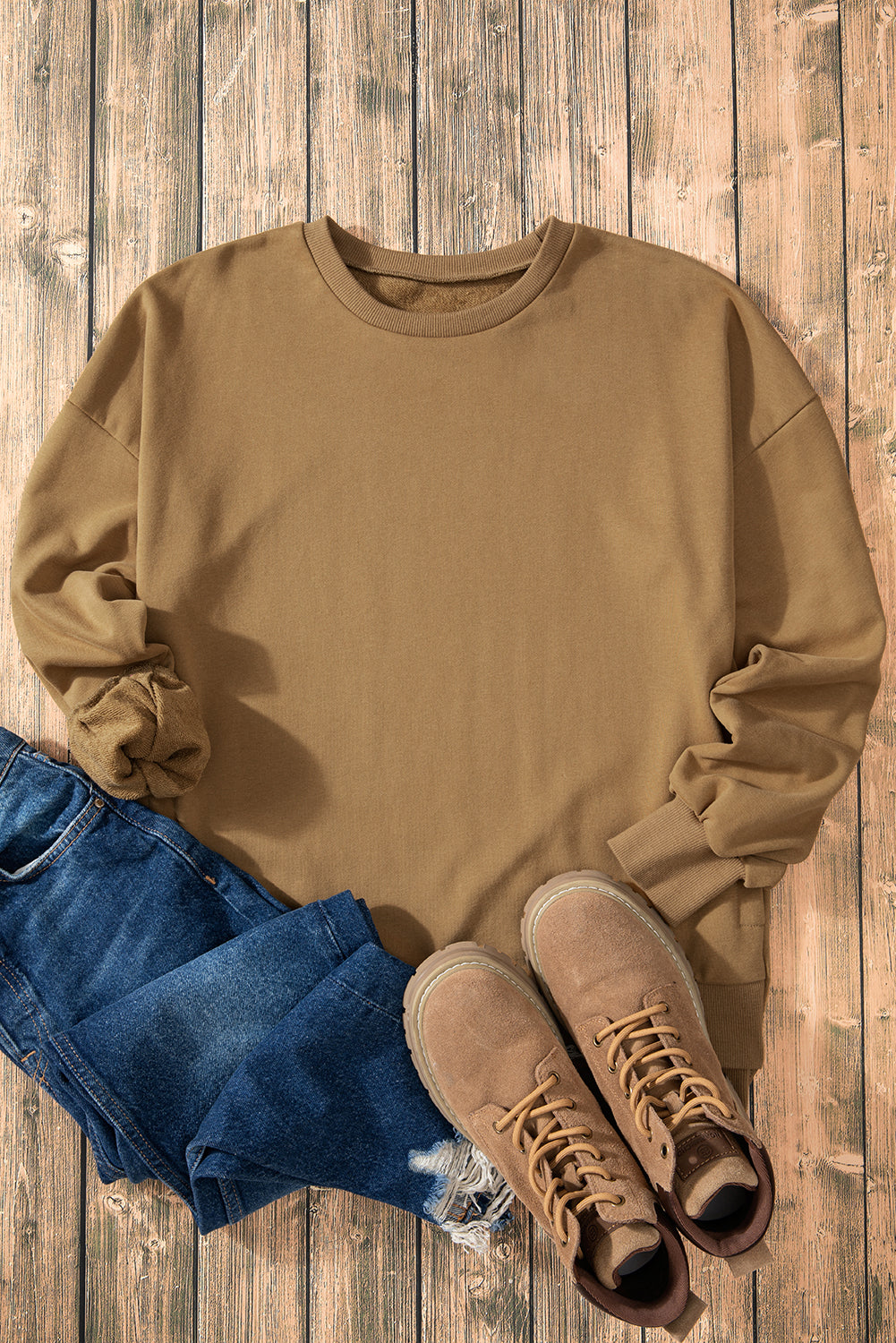 Brown Solid O Neck High Low Hem Pullover Sweatshirt