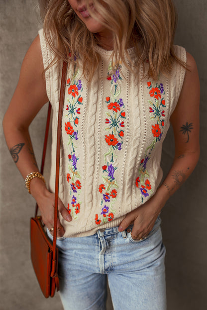 Jet Stream Embroidered Floral Cable Knit Sweater Vest