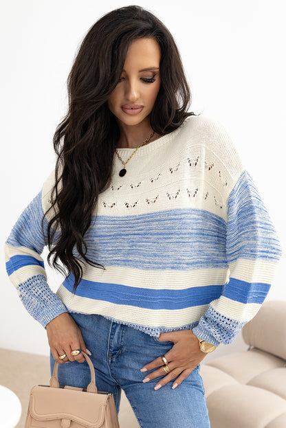 Light Blue Open Stitch Puff Sleeve Sweater