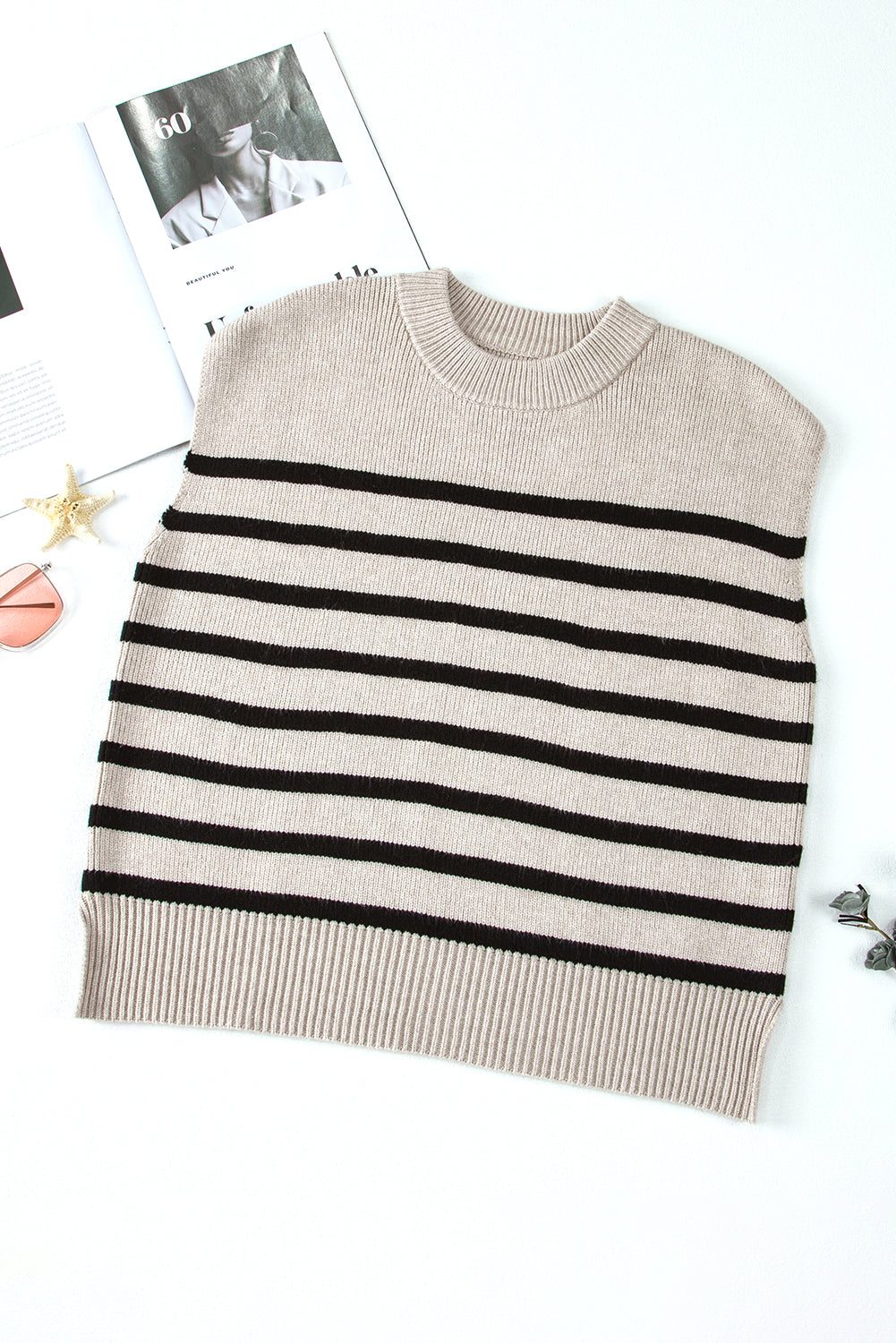 Apricot Stripe Boxy Knitted Round Neck Sweater Tank