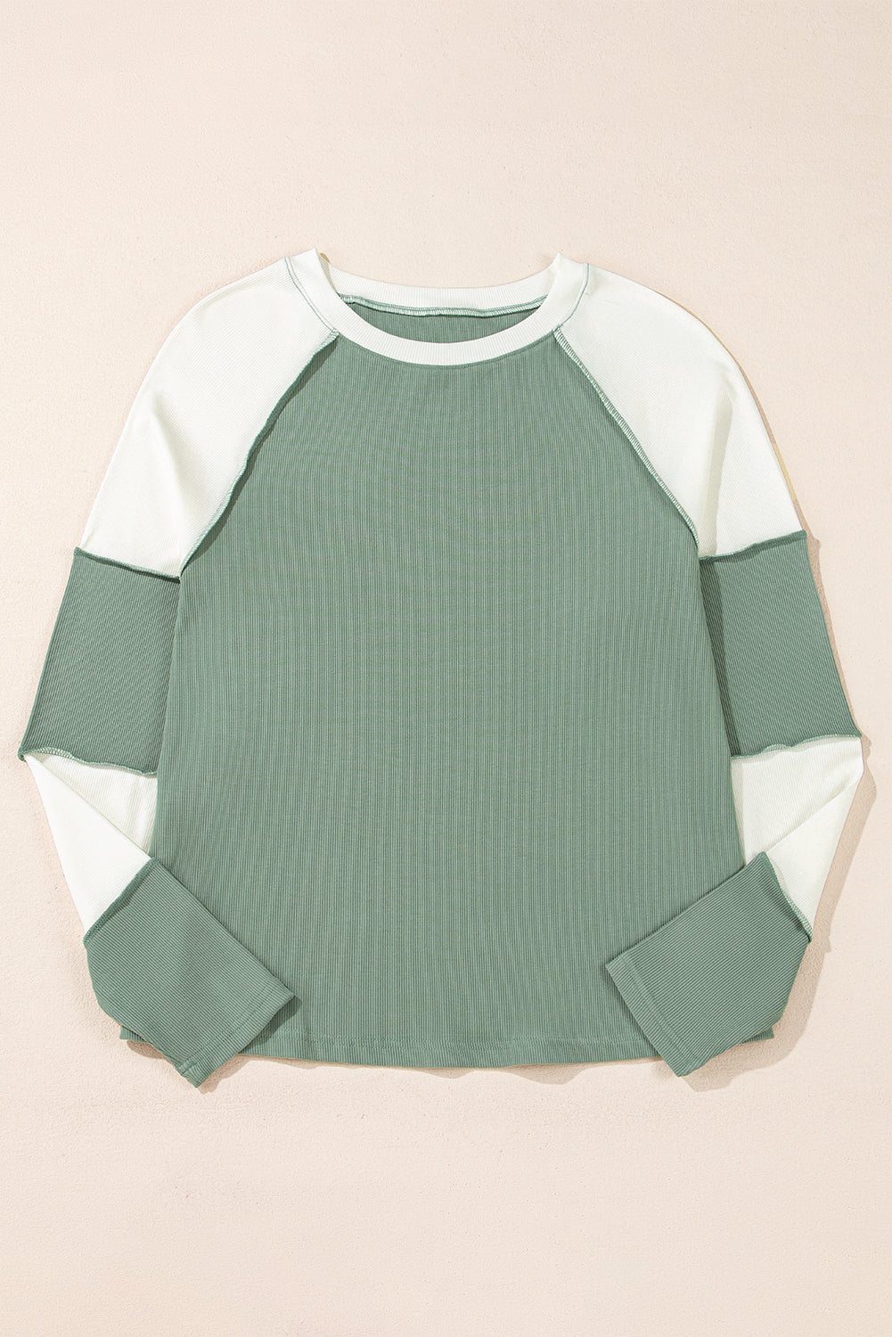 Mint Green Ribbed Colorblock Patchwork Raglan Long Sleeve Top