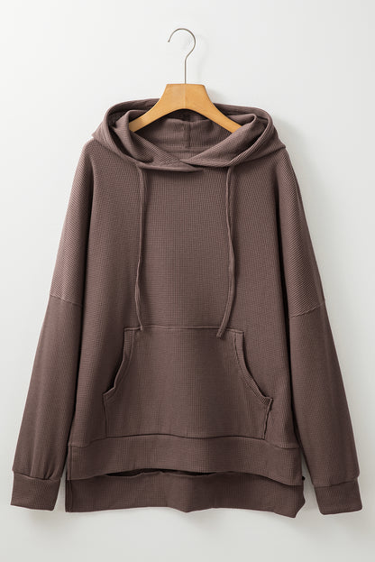 Coffee Waffle Knit Fleece Lined High Low Oversized Hoodie