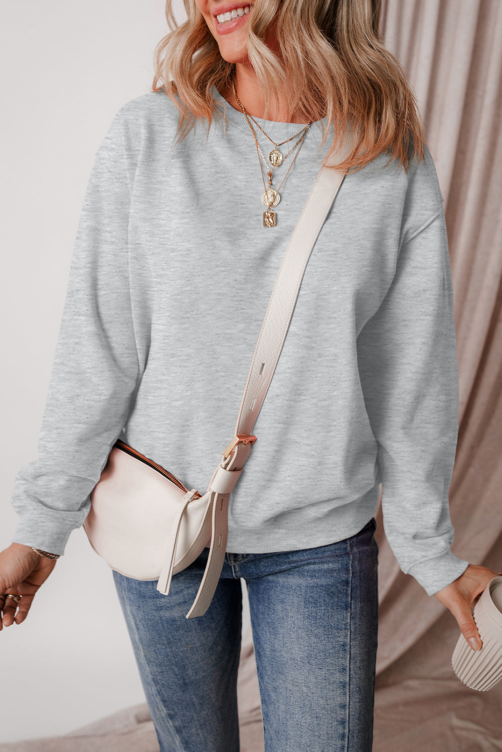 Gray Solid Fleece Lined Drop Shoulder Terry Sweatshirt