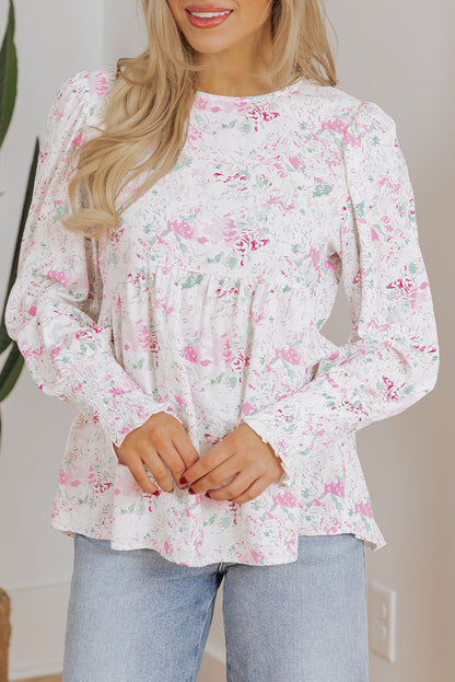 Pink Floral Print Shirred Balloon Sleeve Keyhole Back Babydoll Blouse