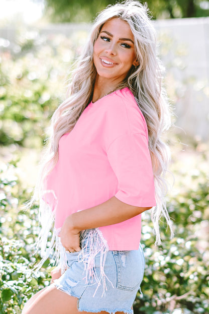 Pink Fringed Sequin Crop T-Shirt