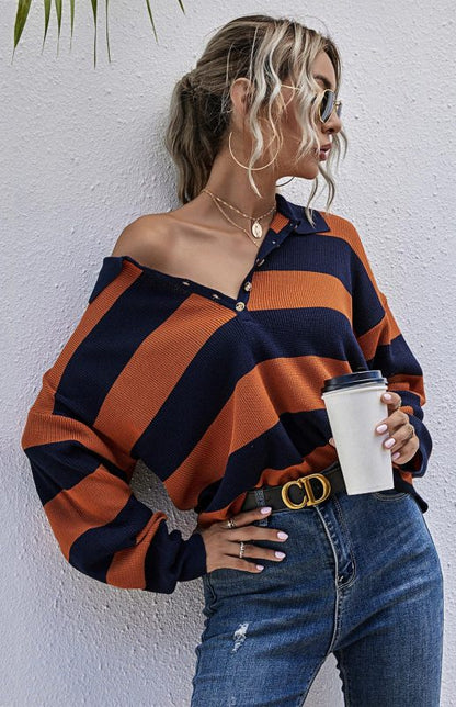 Women's Autumn Fashion Orange Striped Pullover Sweatshirt