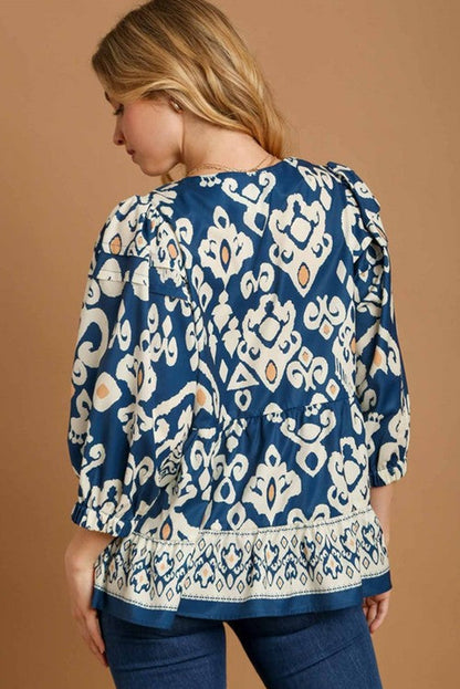 Blue Tribal Geometric Print 3/4 Sleeve Flowy Fit Blouse