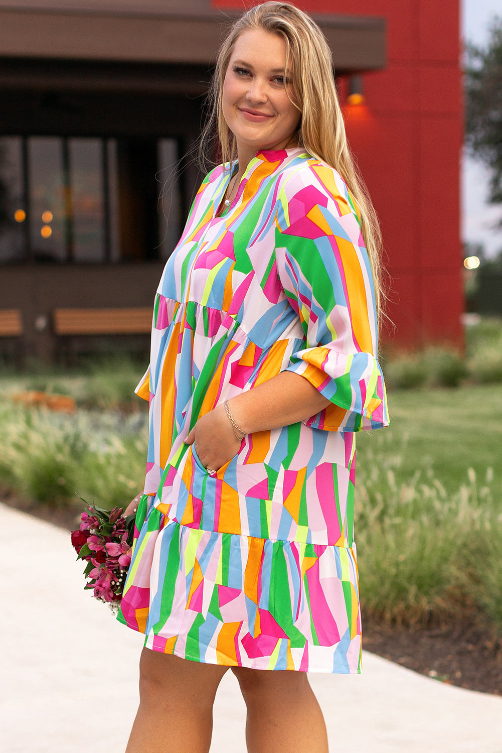 Multicolour Plus Size Vibrant Abstract Print Tiered Ruffled Mini Dress