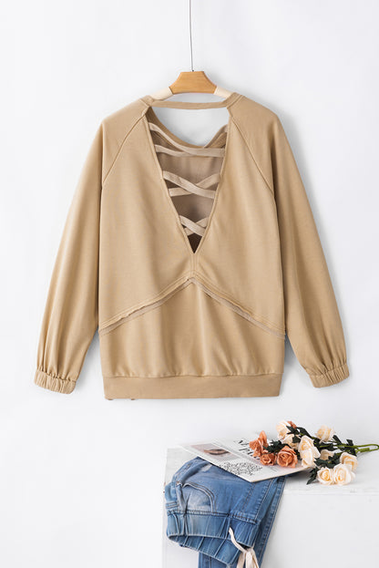 Light French Beige Solid Color Lattice Hollow Out Back Sweatshirt