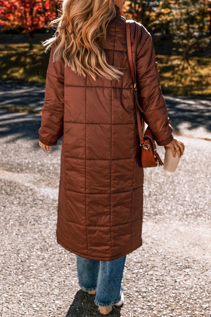 Coffee Quilted Puffer Stand Neck Zipped Mid-length Coat