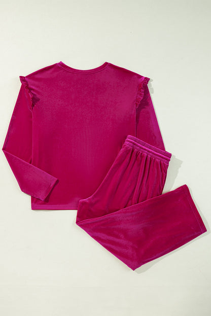 Rose Red Solid Velvet Ruffled Two Piece Pants Set