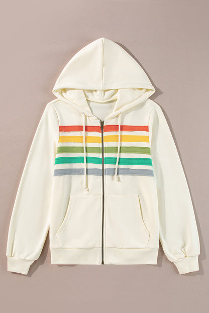 Apricot Colorblock Striped Patchwork Side Pockets Zipper Hoodie