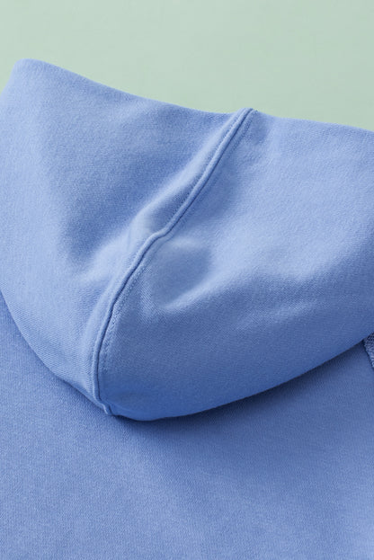 Blue Raw Seam Patchwork Kangaroo Pocket Tunic Hoodie