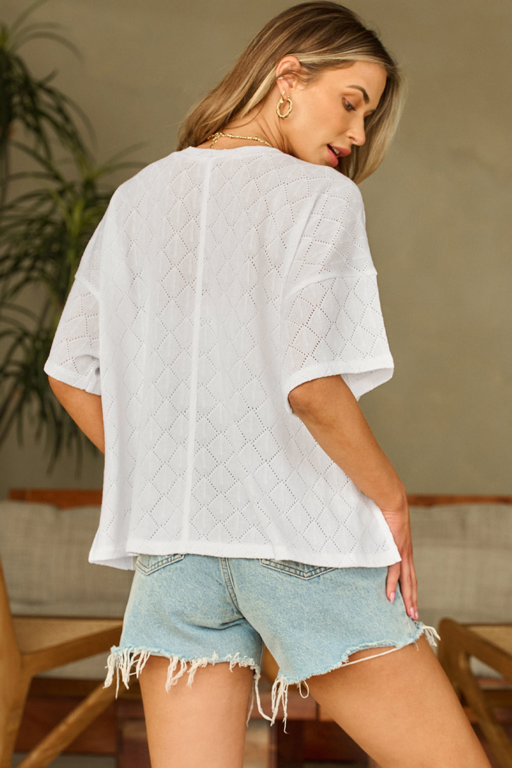 White V Neck Knitted Flowy Blouse