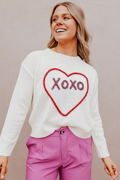 White Heart XOXO Pattern Drop Shoulder Rib Knit Sweater