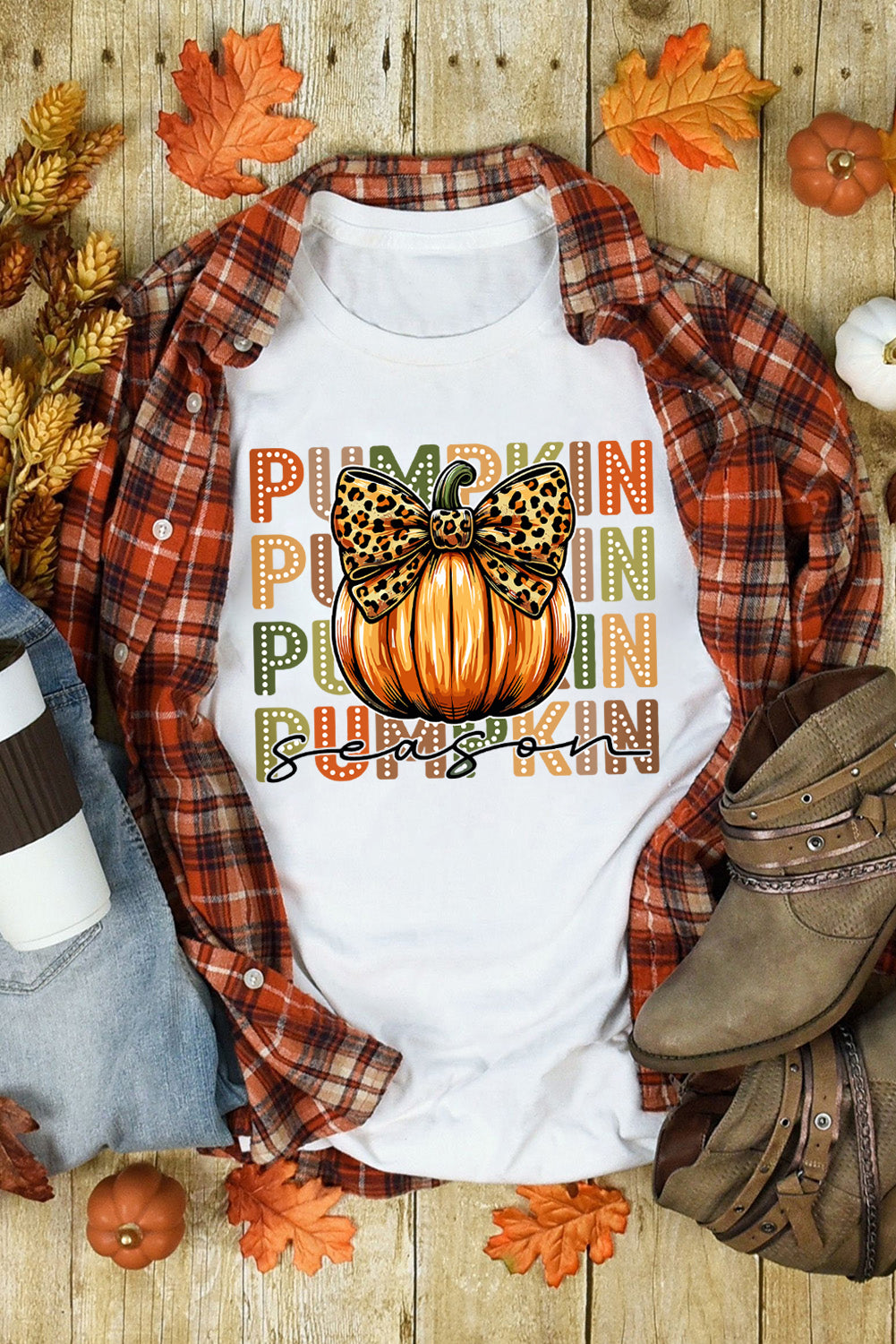 White PUMPKIN Season Leopard Bow Print Crew Neck T-Shirt