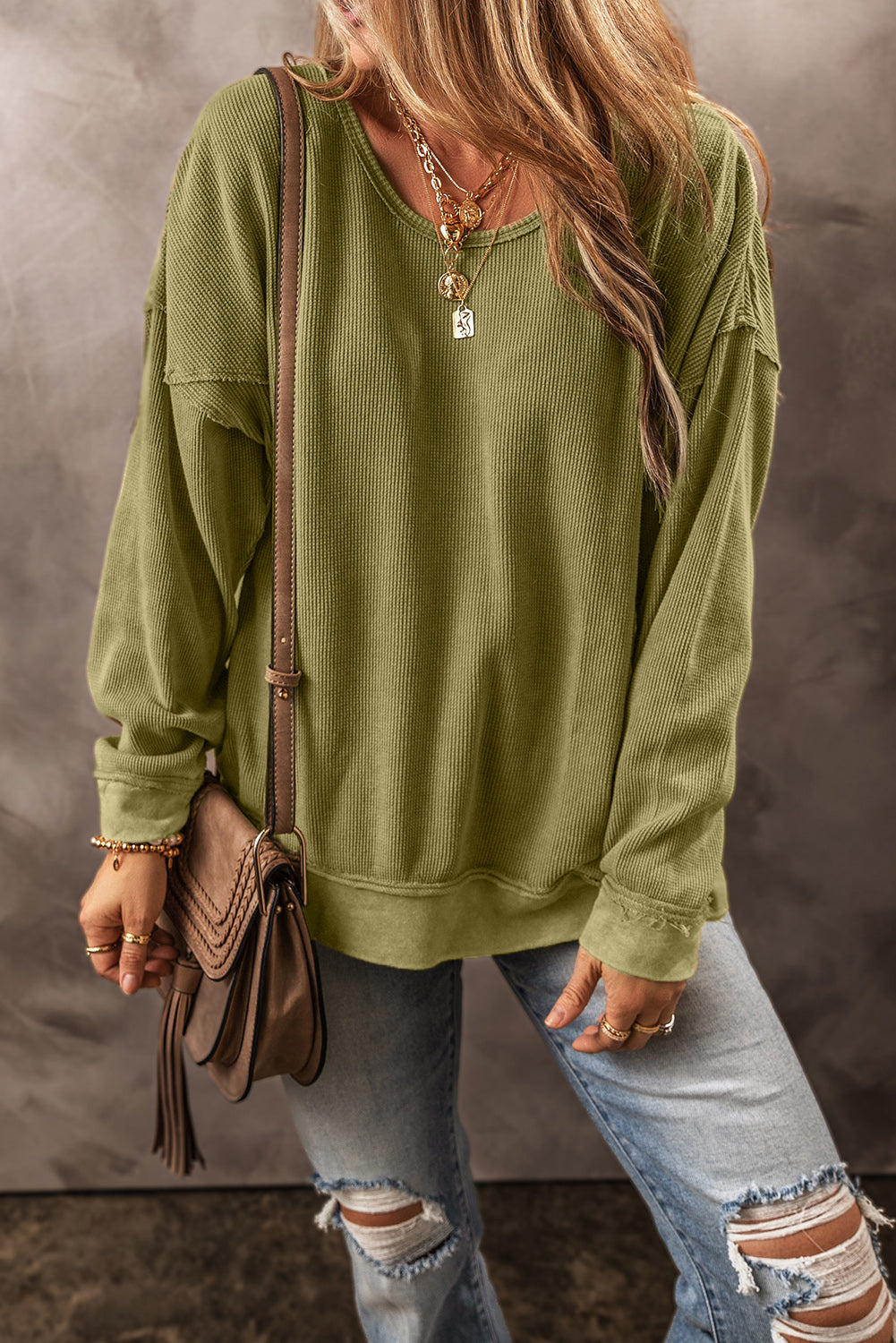 Jungle Green Textured Seamed Drop Sleeve Sweatshirt