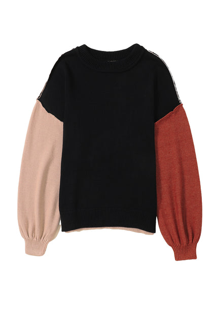 Coffee Colorblock Bishop Sleeve Ribbed Trim Sweater