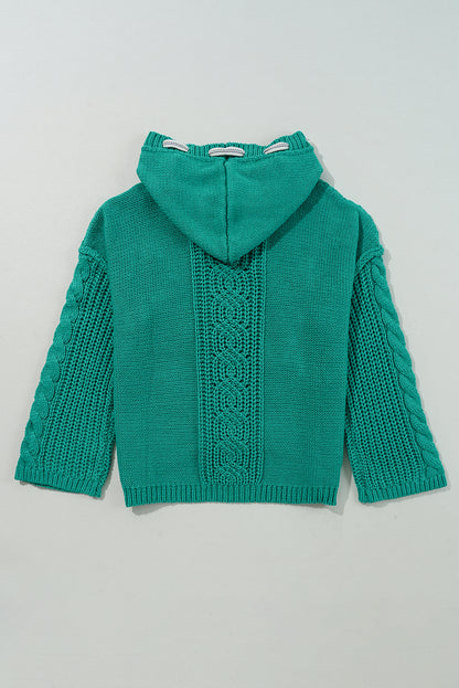 Sea Green Cable Knit V Neck Contrast Drawstring Hooded Sweater