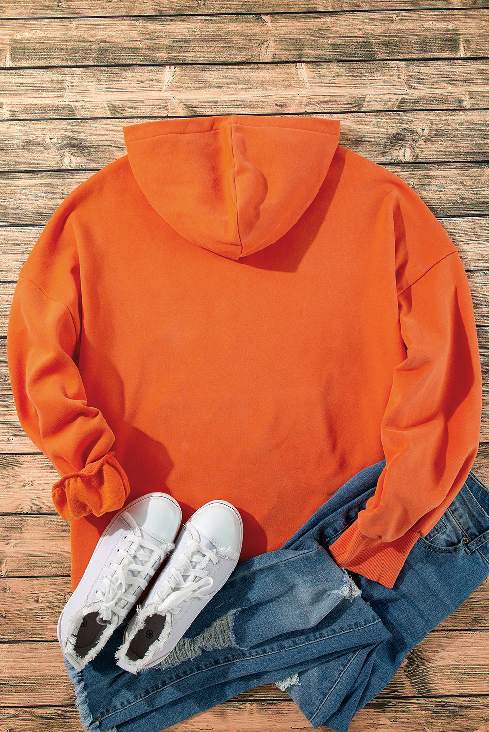 Orange Fleece Lined Half Zipper Kangaroo Pockets Loose Hoodie