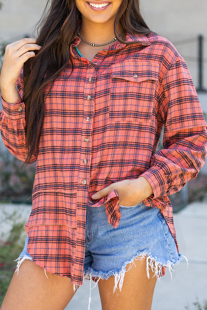 Red Plaid Long Sleeeve Side Split Distressed Hem Shirt