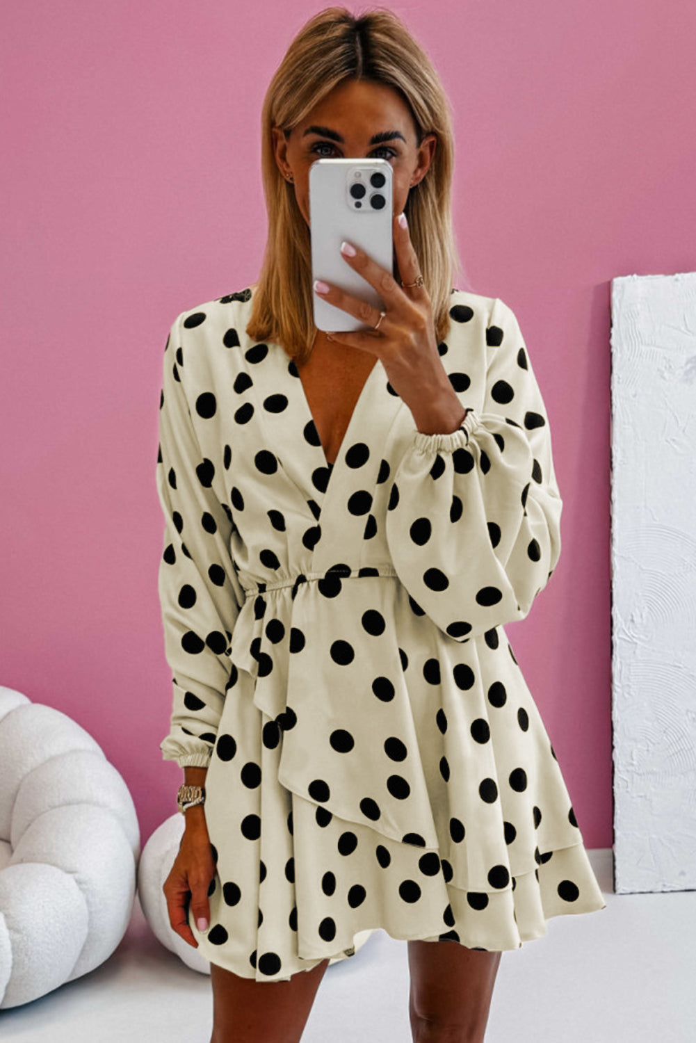 Beige Polka Dot Printed Surplice V-Neck Puff Sleeve Mini Dress