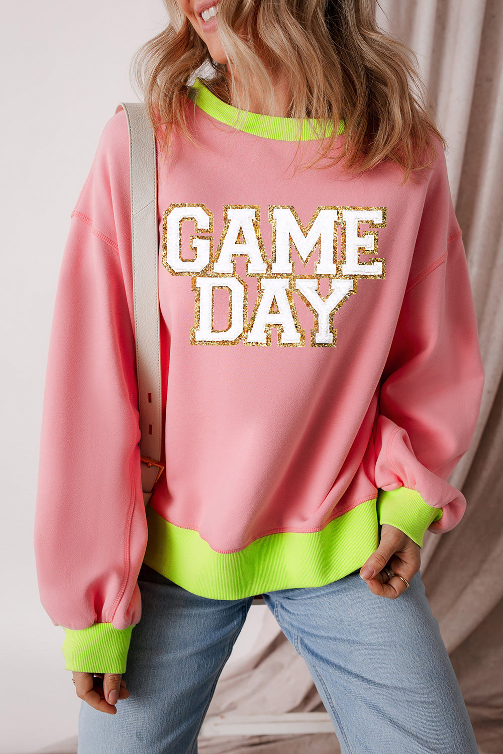 Pink GAME DAY Glitter Color Block Crew Neck Sweatshirt