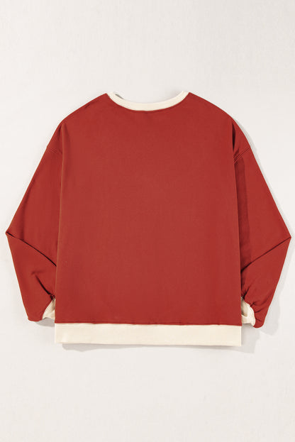 Red Clay Color Block Patch Drop Shoulder Oversized Sweatshirt