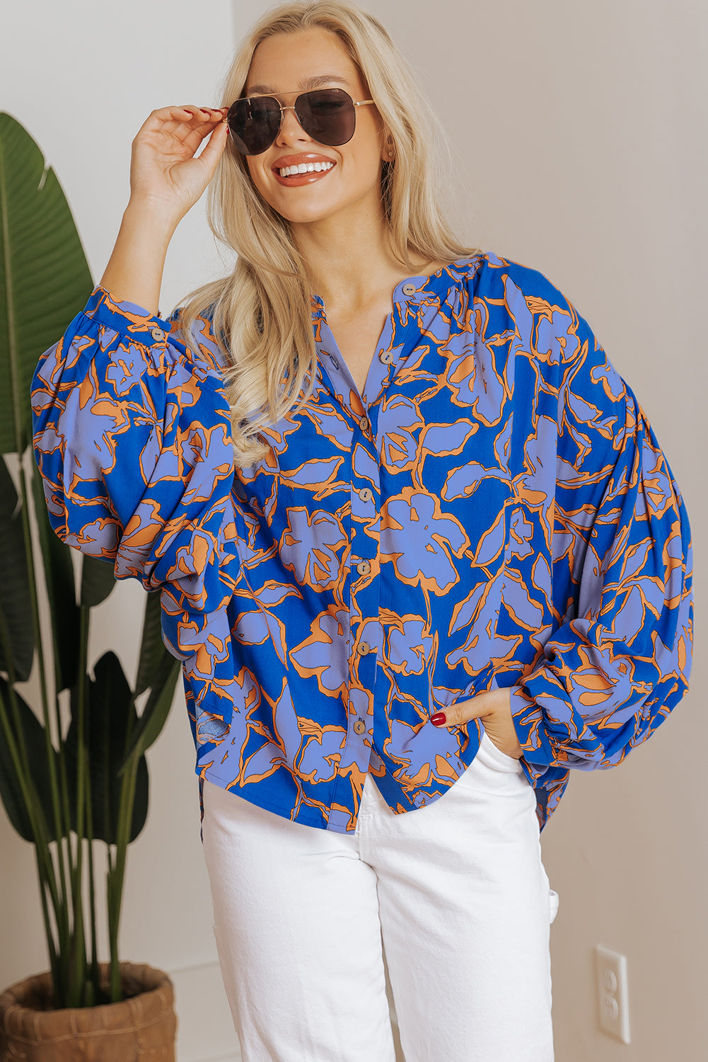 Blue Floral Print Batwing Sleeve Buttoned Loose Fit Shirt