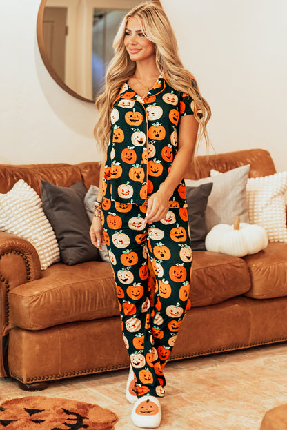 Orange Halloween Pattern Short Sleeve Shirt Pajama Set