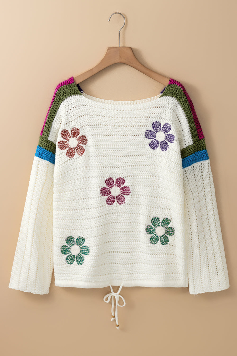 White Daisy Flower Pointelle Knit Sweater