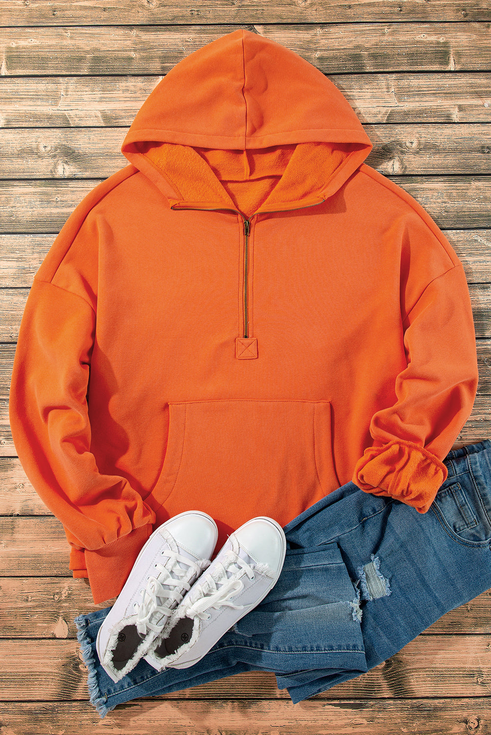 Orange Fleece Lined Half Zipper Kangaroo Pockets Loose Hoodie