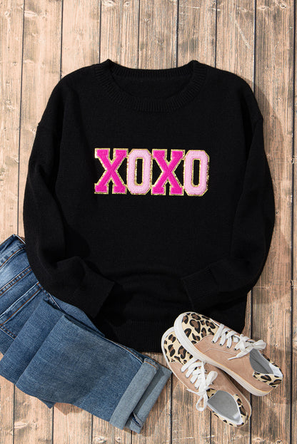 Black XOXO Glitter Print Round Neck Casual Sweater