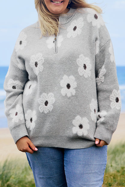 Gray Plus Size Embroidered Floral Pattern Half Zip Sweater