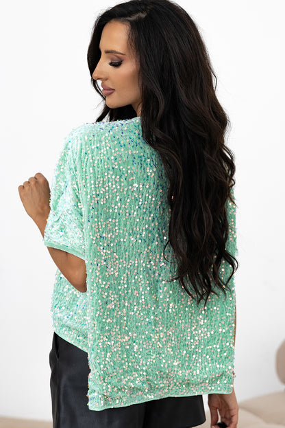 Moonlight Jade Sequin Batwing Sleeve V Neck Velvet Blouse