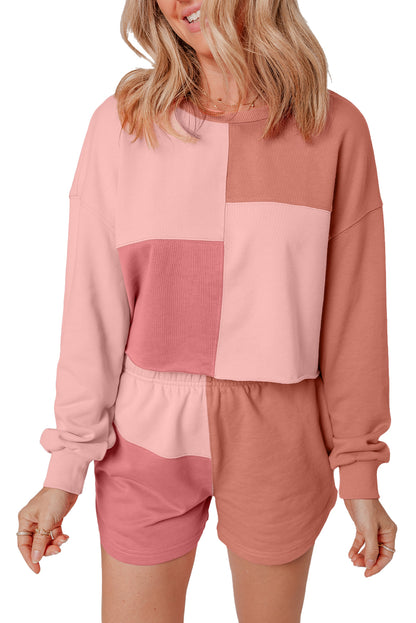 Peach Blossom Colorblock Patchwork Long Sleeve Shorts Outfit