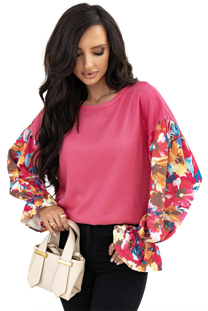 Sachet Pink Flower Patchwork Ruffled Sleeve Ribbed Knit Drop Shoulder Top