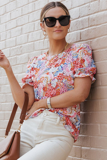 Multicolor Mix Floral Pattern Bubble Sleeve Blouse