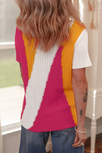 Orange Textured Knit Colorblock Short Sleeve Sweater