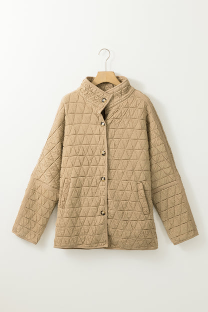 Khaki Quilted Button Front Funnel Neck Jacket