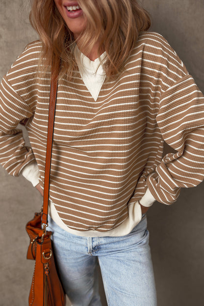 Khaki Stripe Patched Edge Textured Round Neck Long Sleeve Top