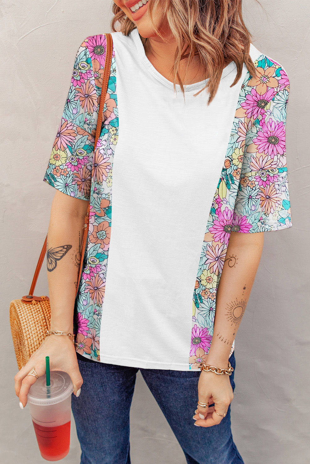 White Floral Print Patchwork Short Sleeve Top