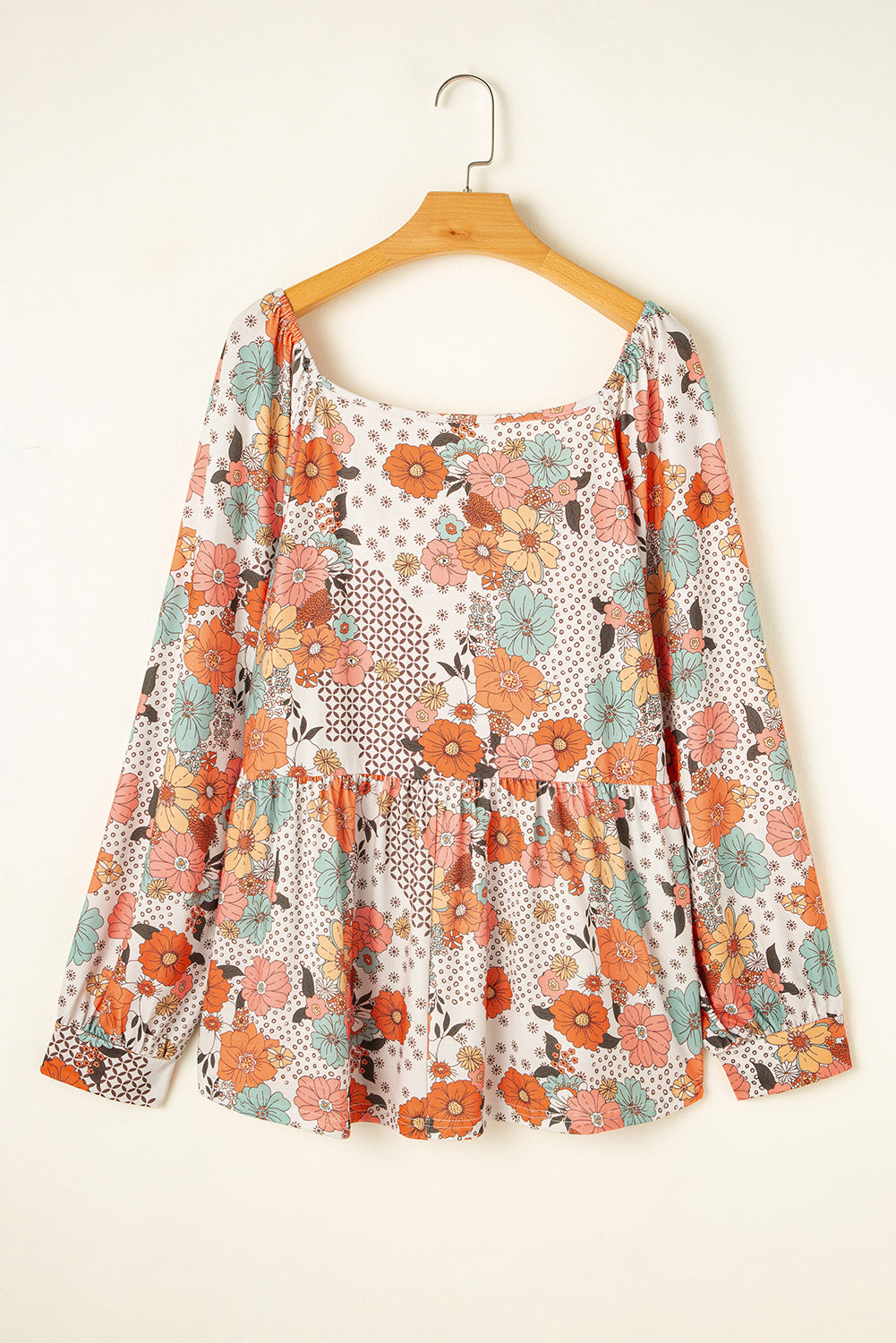 Khaki Plus Size Flower Print Square Neck Peplum Blouse