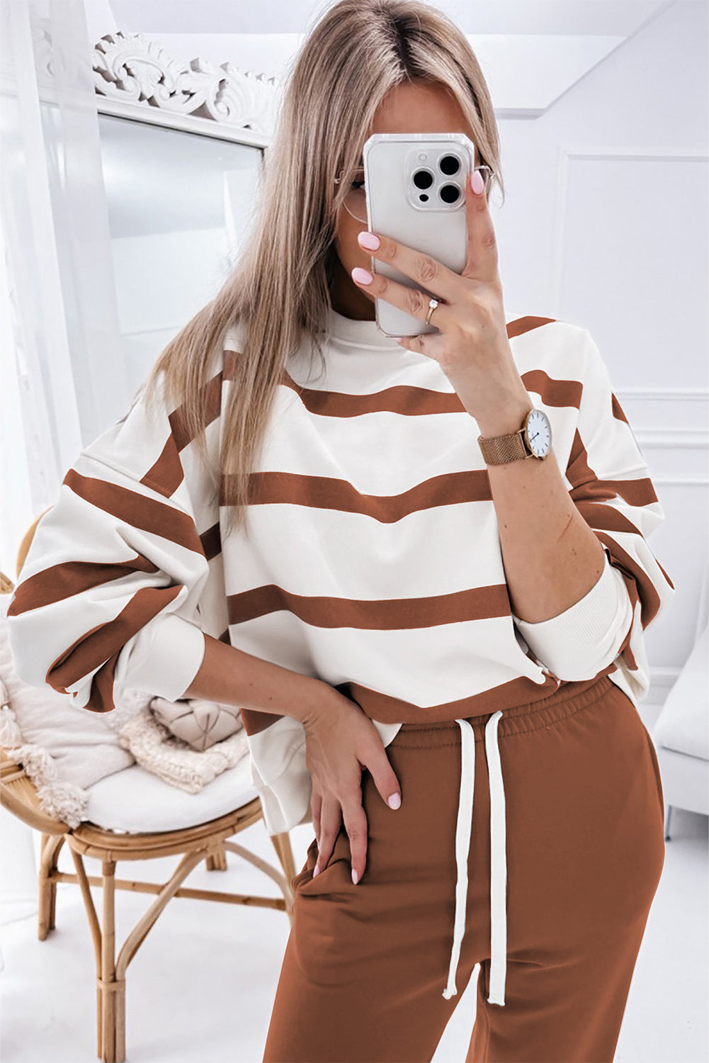 Brown Stripe Striped Drop Shoulder Pullover and Jogger Pants Set