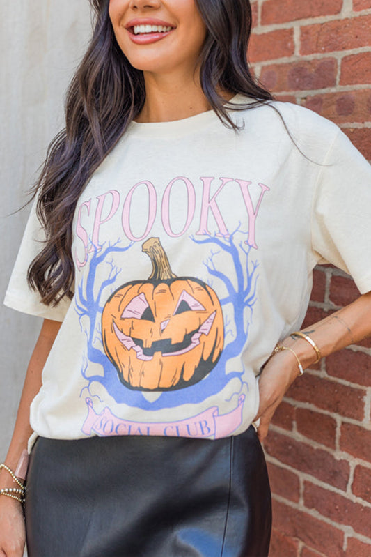 White SPOOKY Pumpkin Print Round Neck Halloween T-Shirt